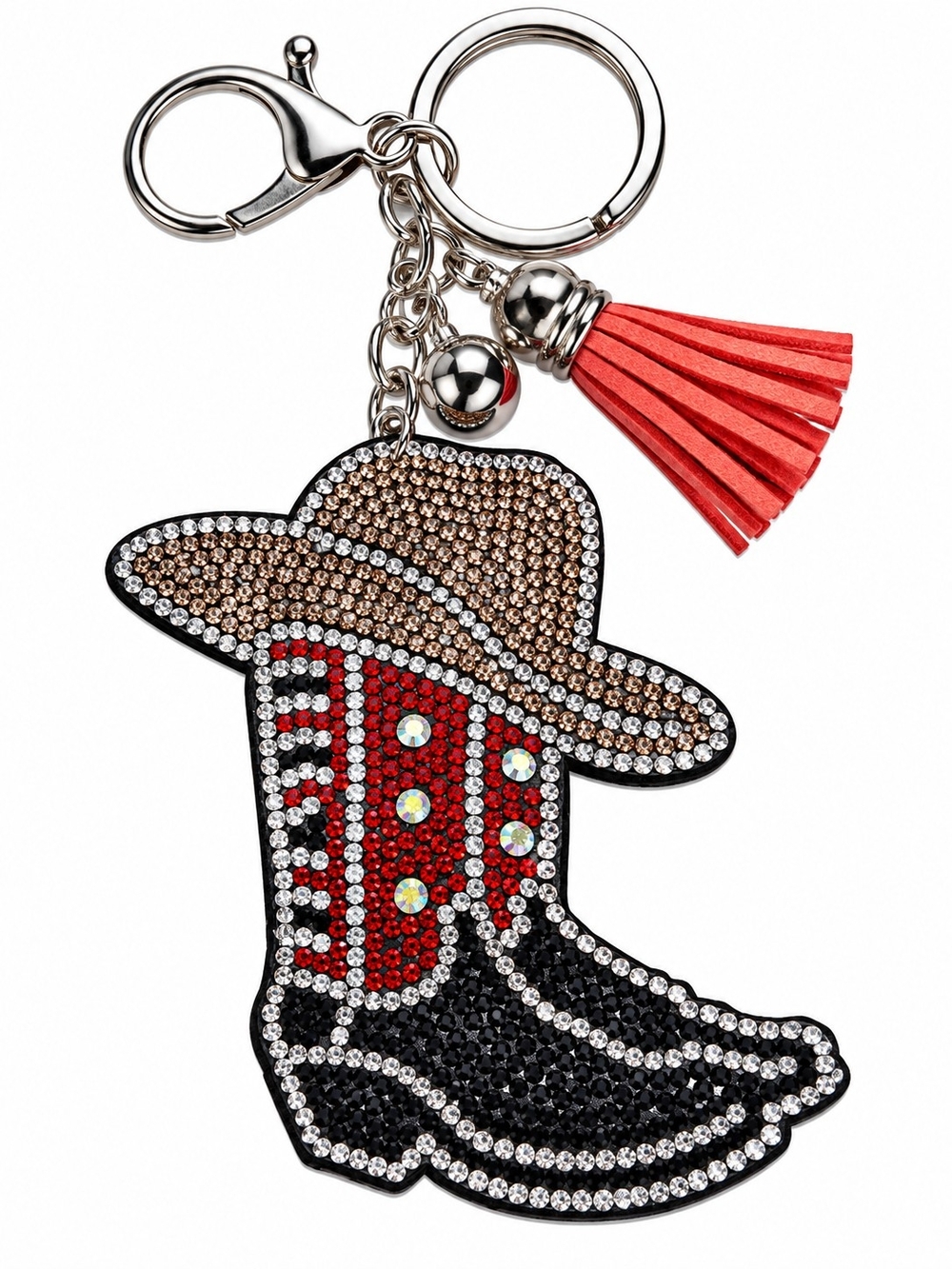 Crystal Cowboy Boot Keychain with Red Tassel